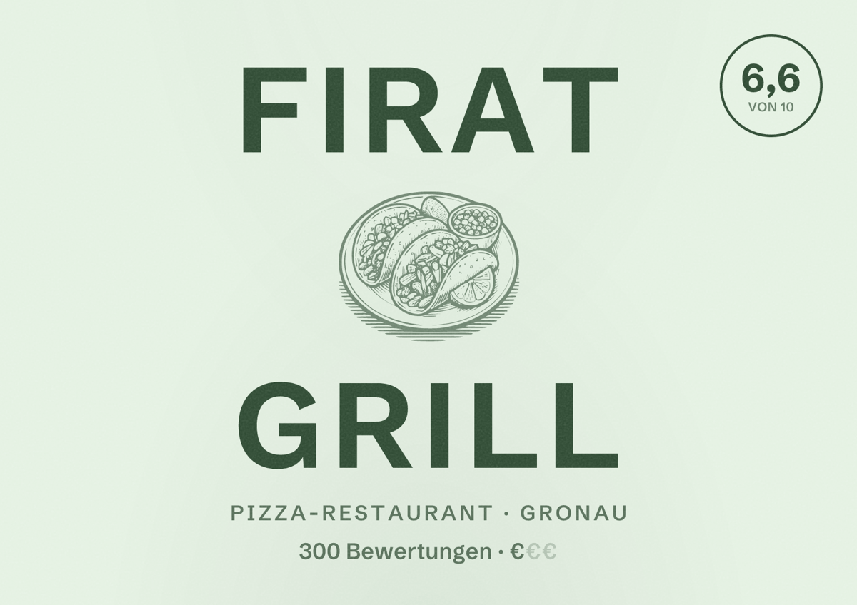 Illustriertes Poster von Firat Grill, Pizza-Restaurant in Gronau: Bewertung 6,6 von 10 aus 300 Bewertungen, Preisniveau €