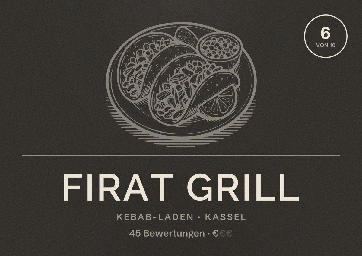 Illustriertes Poster von FIRAT GRILL, Kebab-Laden in Kassel: Bewertung 6 von 10 aus 45 Bewertungen, Preisniveau €