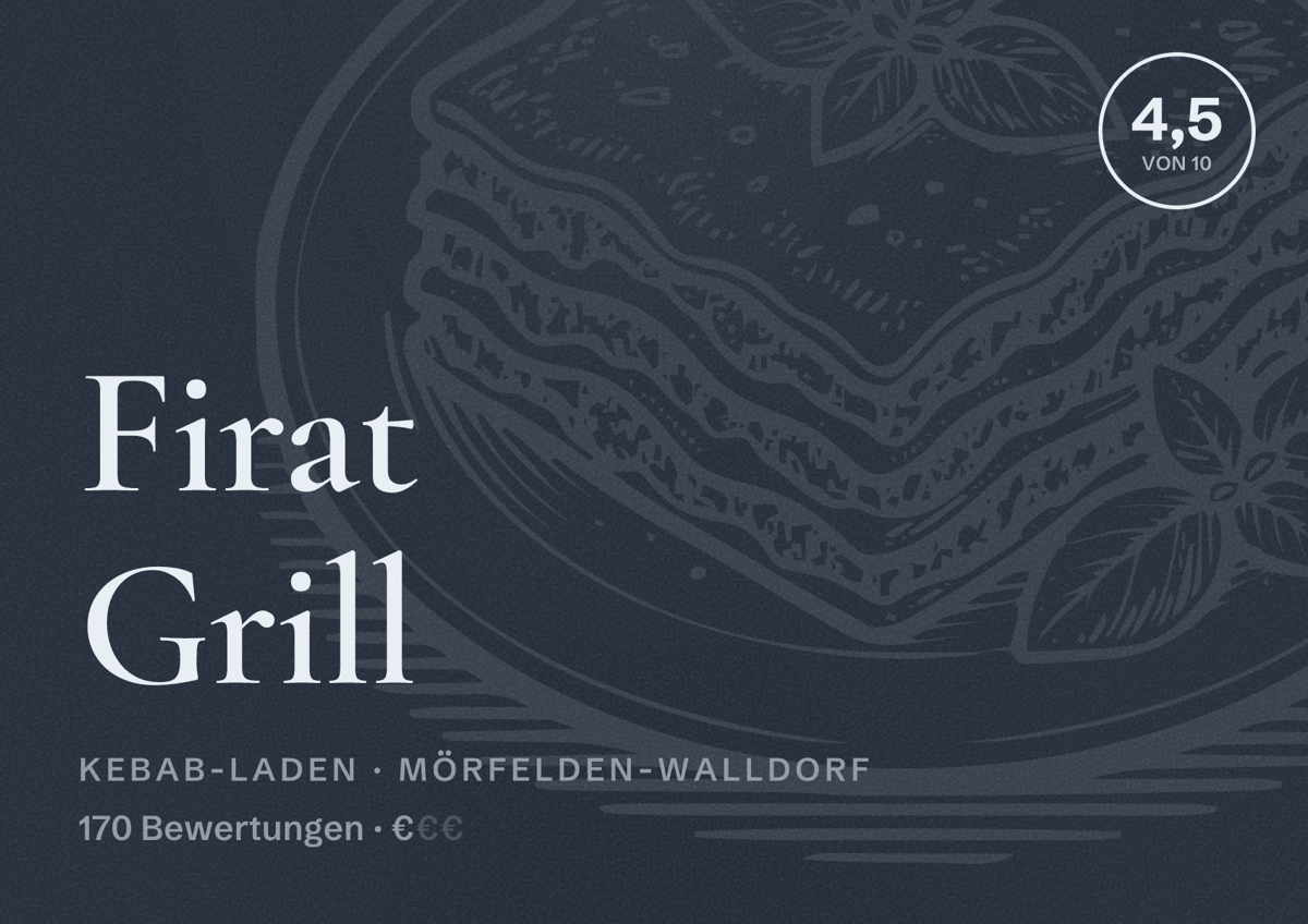 Illustriertes Poster von Firat Grill, Kebab-Laden in Mörfelden-Walldorf: Bewertung 4,5 von 10 aus 170 Bewertungen, Preisniveau €