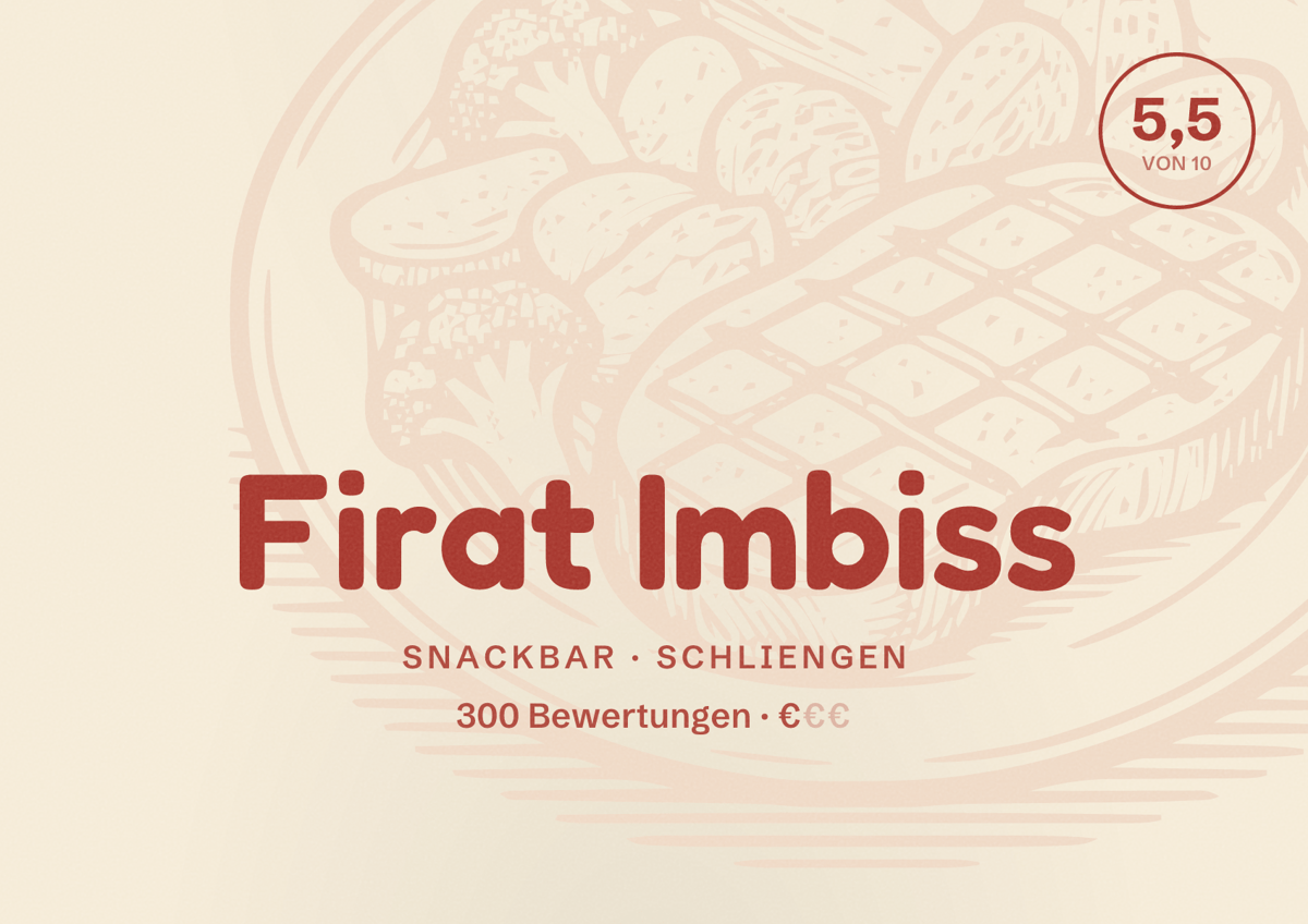 Illustriertes Poster von Firat Imbiss, Snackbar in Schliengen: Bewertung 5,5 von 10 aus 300 Bewertungen, Preisniveau €