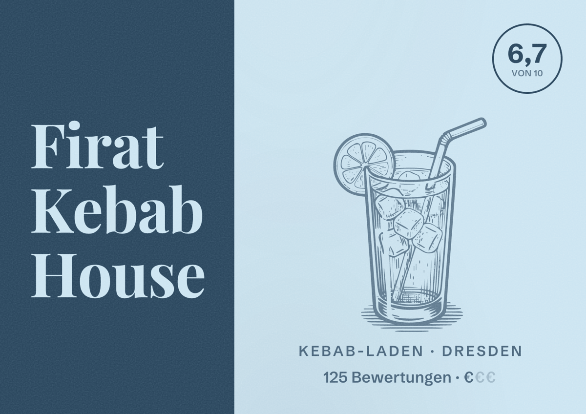 Illustriertes Poster von Firat Kebab House, Kebab-Laden in Dresden: Bewertung 6,7 von 10 aus 125 Bewertungen, Preisniveau €