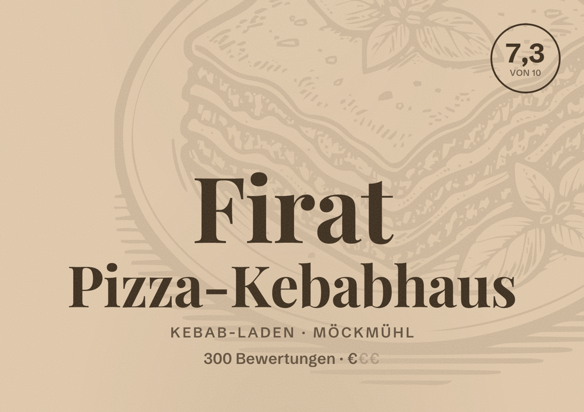 Illustriertes Poster von Firat Pizza-Kebabhaus, Kebab-Laden in Möckmühl: Bewertung 7,3 von 10 aus 300 Bewertungen, Preisniveau €