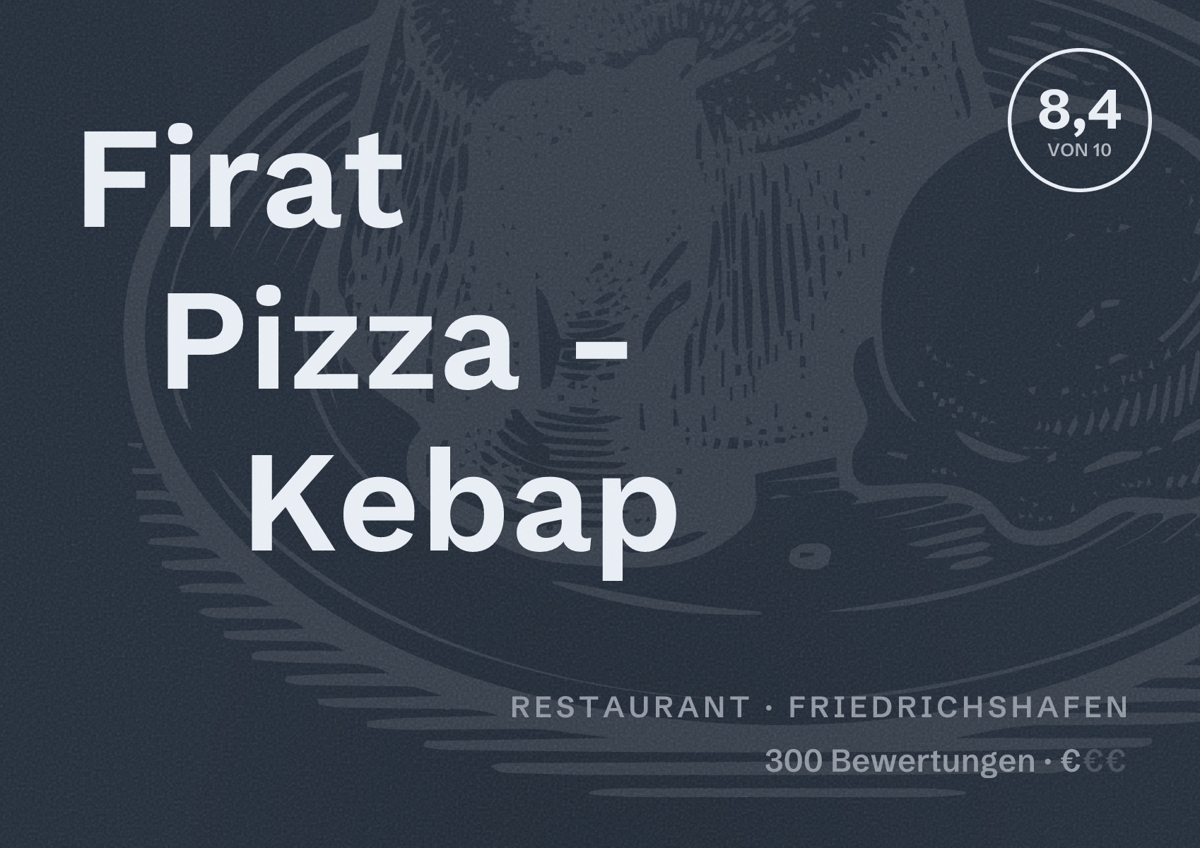 Illustriertes Poster von Firat Pizza - Kebap, Restaurant in Friedrichshafen: Bewertung 8,4 von 10 aus 300 Bewertungen, Preisniveau €
