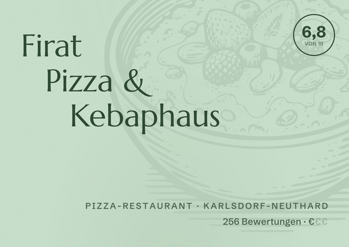 Illustriertes Poster von Firat Pizza & Kebaphaus, Pizza-Restaurant in Karlsdorf-Neuthard: Bewertung 6,8 von 10 aus 256 Bewertungen, Preisniveau €
