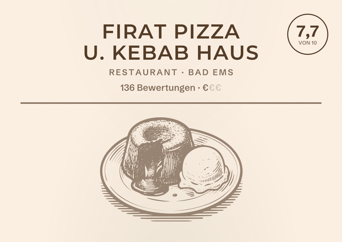 Illustriertes Poster von Firat Pizza U. Kebab Haus, Restaurant in Bad Ems: Bewertung 7,7 von 10 aus 136 Bewertungen, Preisniveau €