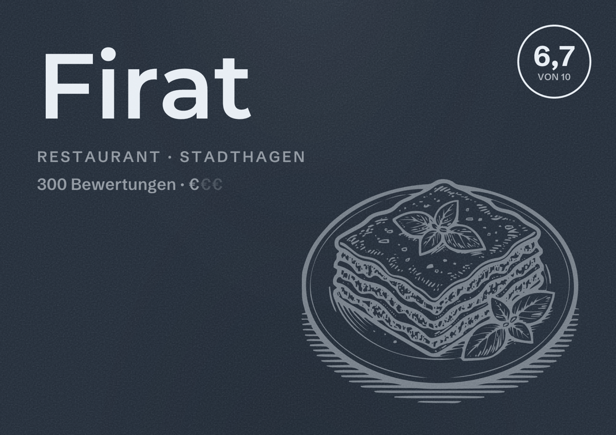 Illustriertes Poster von Firat, Restaurant in Stadthagen: Bewertung 6,7 von 10 aus 300 Bewertungen, Preisniveau €