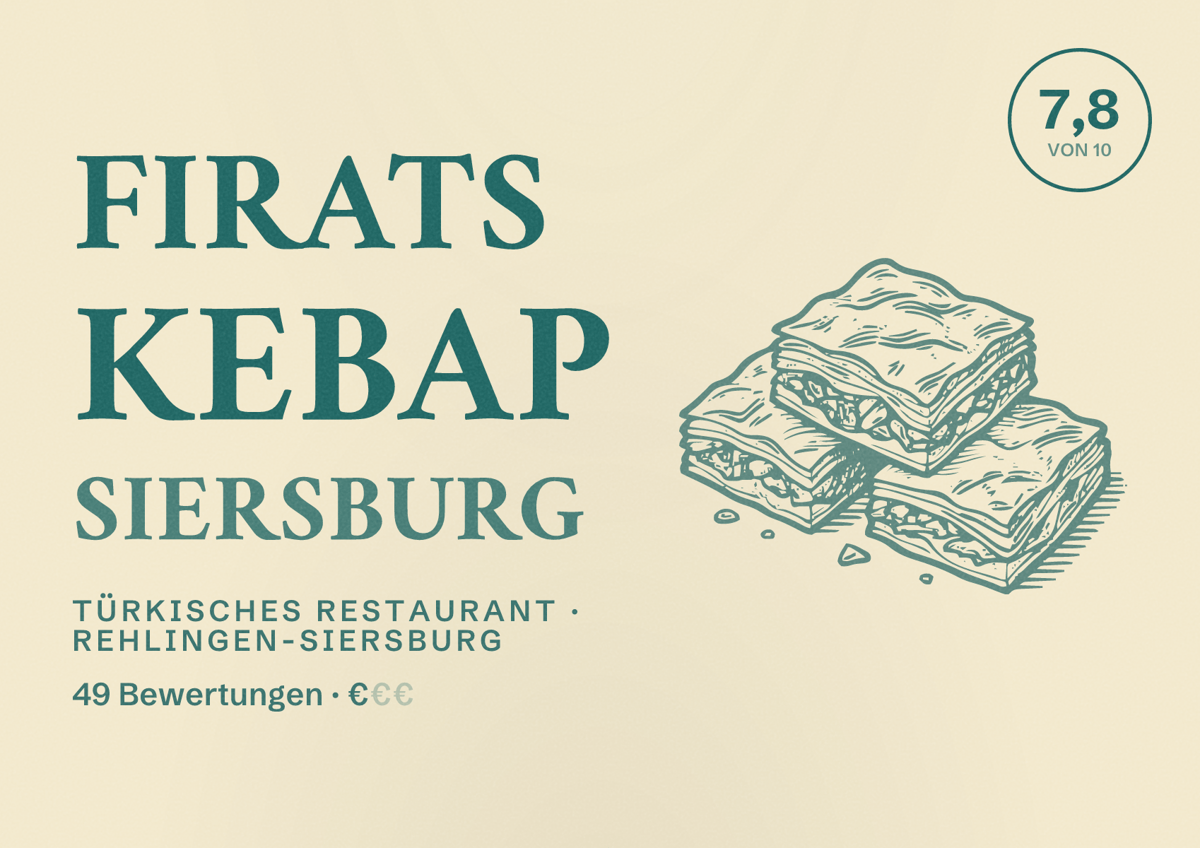 Illustriertes Poster von Firats Kebap Siersburg, Türkisches Restaurant in Rehlingen-Siersburg: Bewertung 7,8 von 10 aus 49 Bewertungen, Preisniveau €