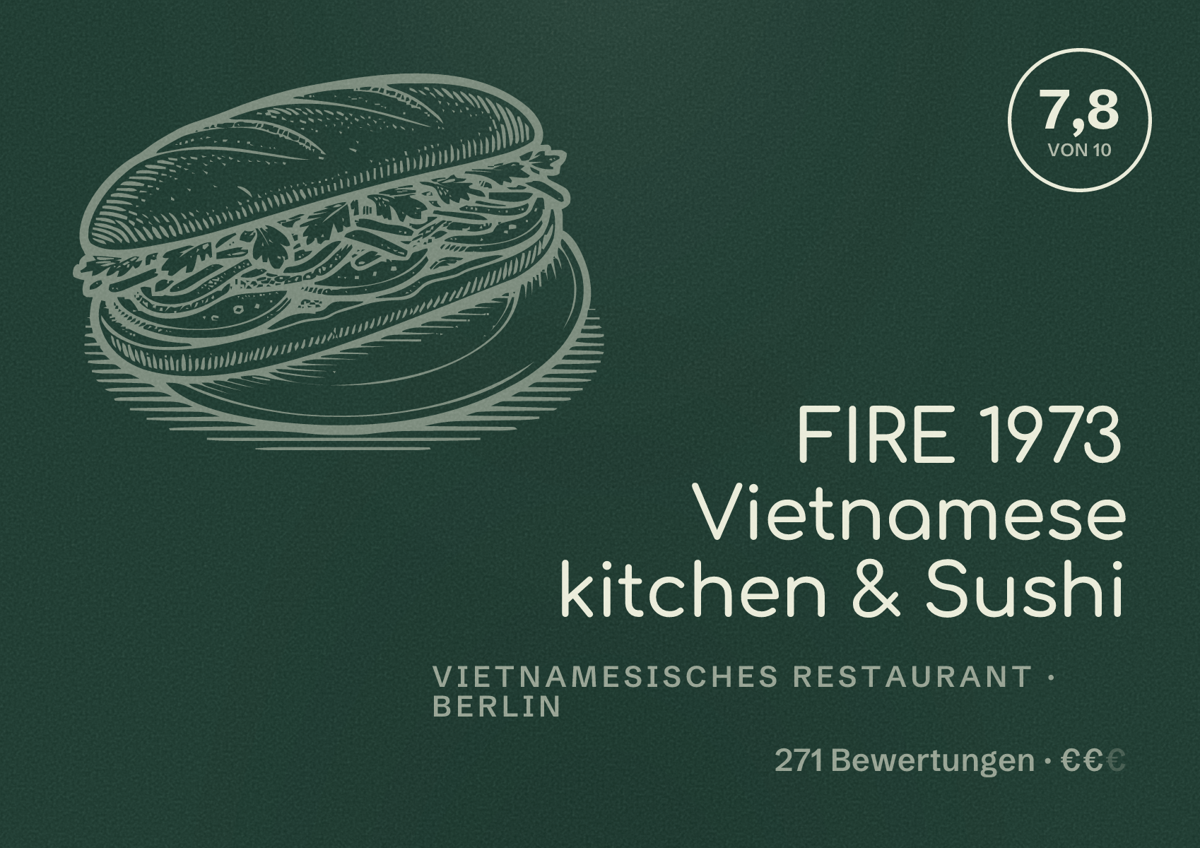 Illustriertes Poster von FIRE 1973 Vietnamese kitchen & Sushi, Vietnamesisches Restaurant in Berlin: Bewertung 7,8 von 10 aus 271 Bewertungen, Preisniveau €€
