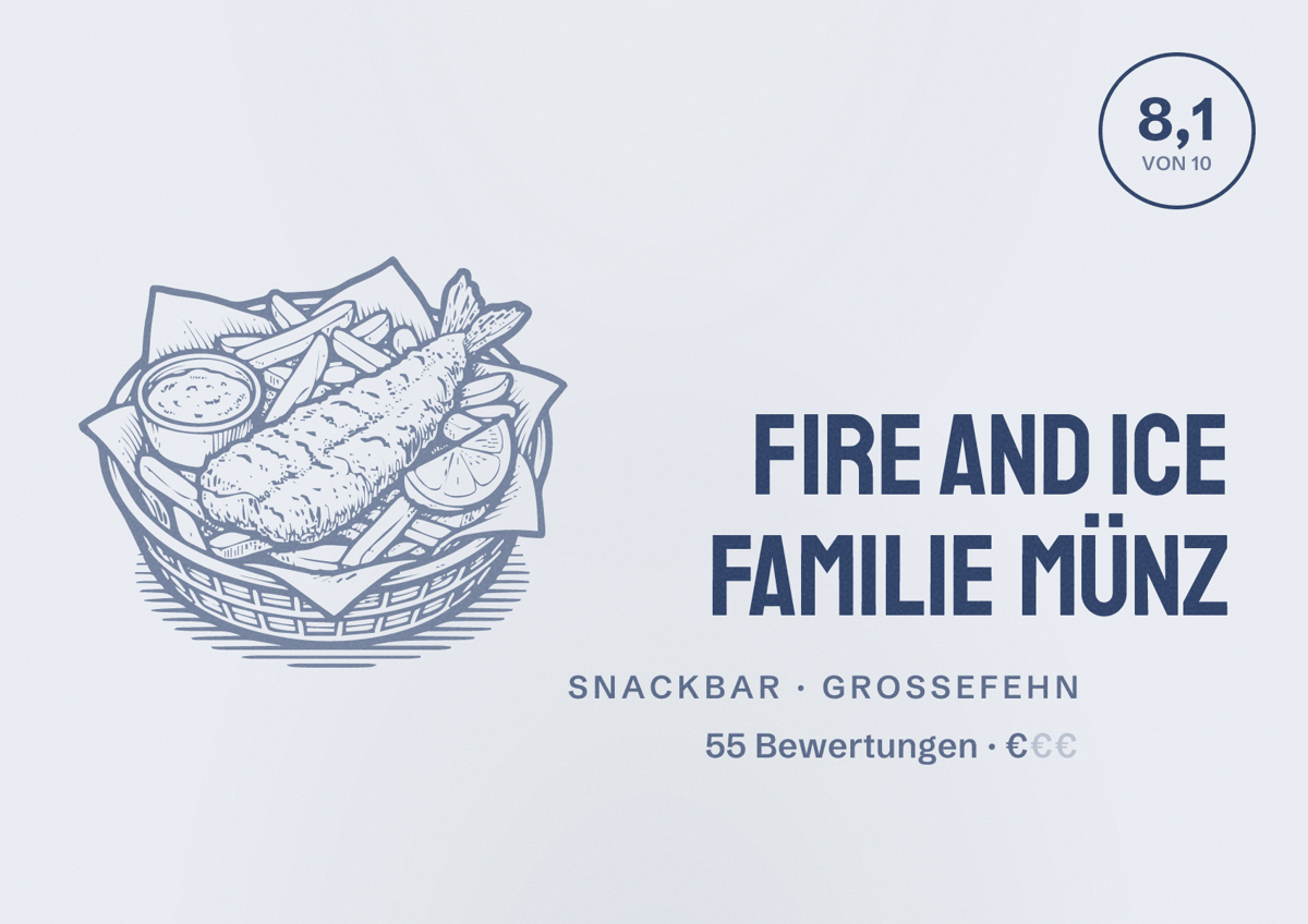 Illustriertes Poster von Fire and Ice Familie Münz, Snackbar in Großefehn: Bewertung 8,1 von 10 aus 55 Bewertungen, Preisniveau €