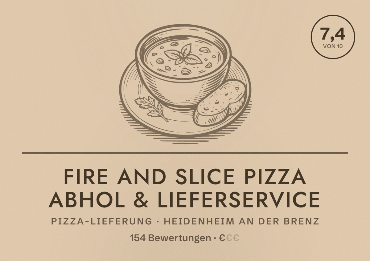 Illustriertes Poster von Fire and Slice Pizza Abhol & Lieferservice, Pizza-Lieferung in Heidenheim an der Brenz: Bewertung 7,4 von 10 aus 154 Bewertungen, Preisniveau €