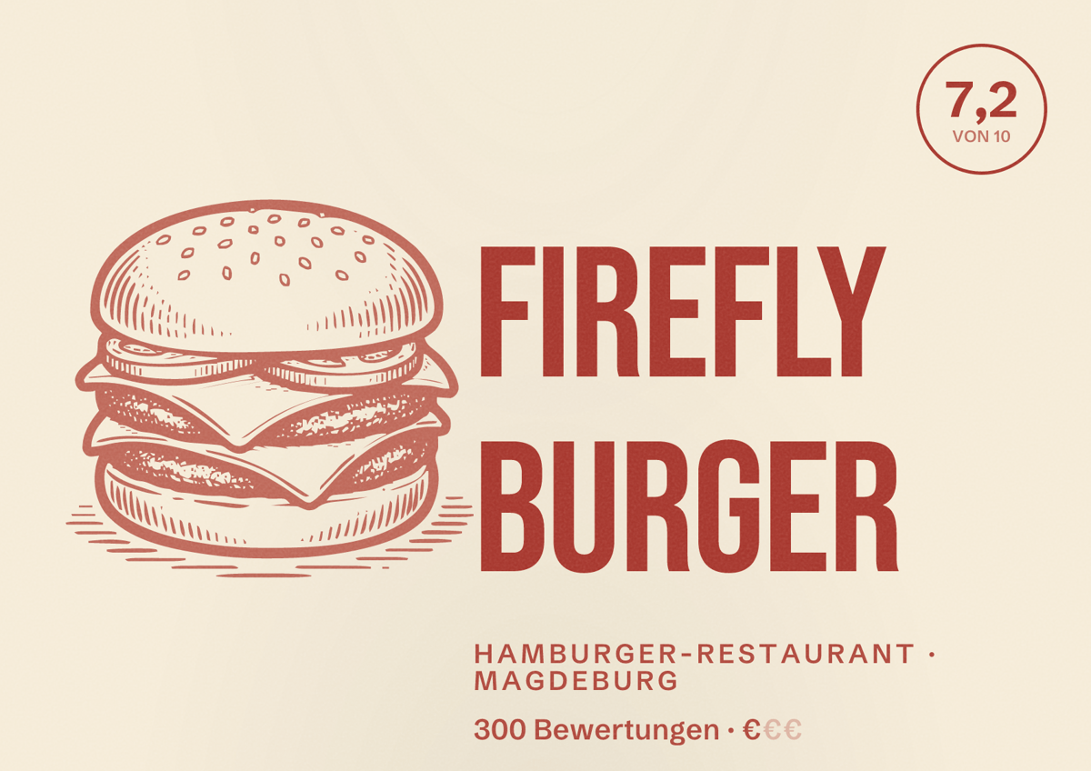 Illustriertes Poster von Firefly Burger, Hamburger-Restaurant in Magdeburg: Bewertung 7,2 von 10 aus 300 Bewertungen, Preisniveau €