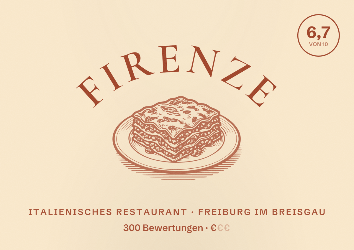 Illustriertes Poster von Firenze, Italienisches Restaurant in Freiburg im Breisgau: Bewertung 6,7 von 10 aus 300 Bewertungen, Preisniveau €