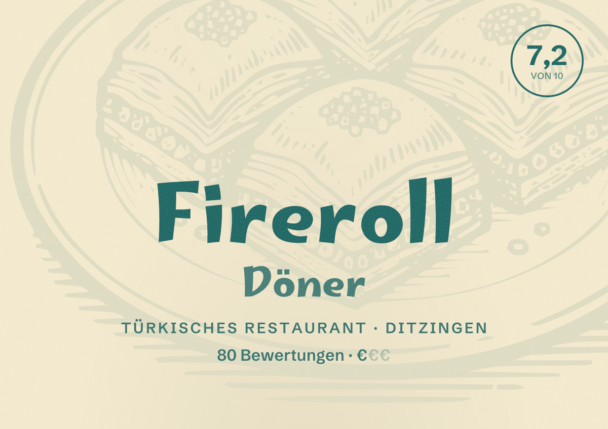 Illustriertes Poster von Fireroll Döner, Türkisches Restaurant in Ditzingen: Bewertung 7,2 von 10 aus 80 Bewertungen, Preisniveau €