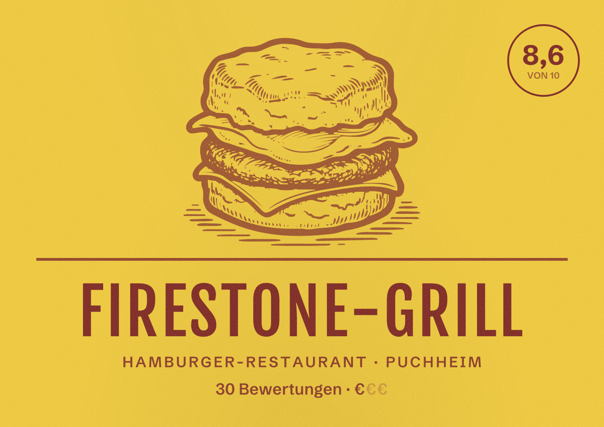 Illustriertes Poster von Firestone-Grill, Hamburger-Restaurant in Puchheim: Bewertung 8,6 von 10 aus 30 Bewertungen, Preisniveau €