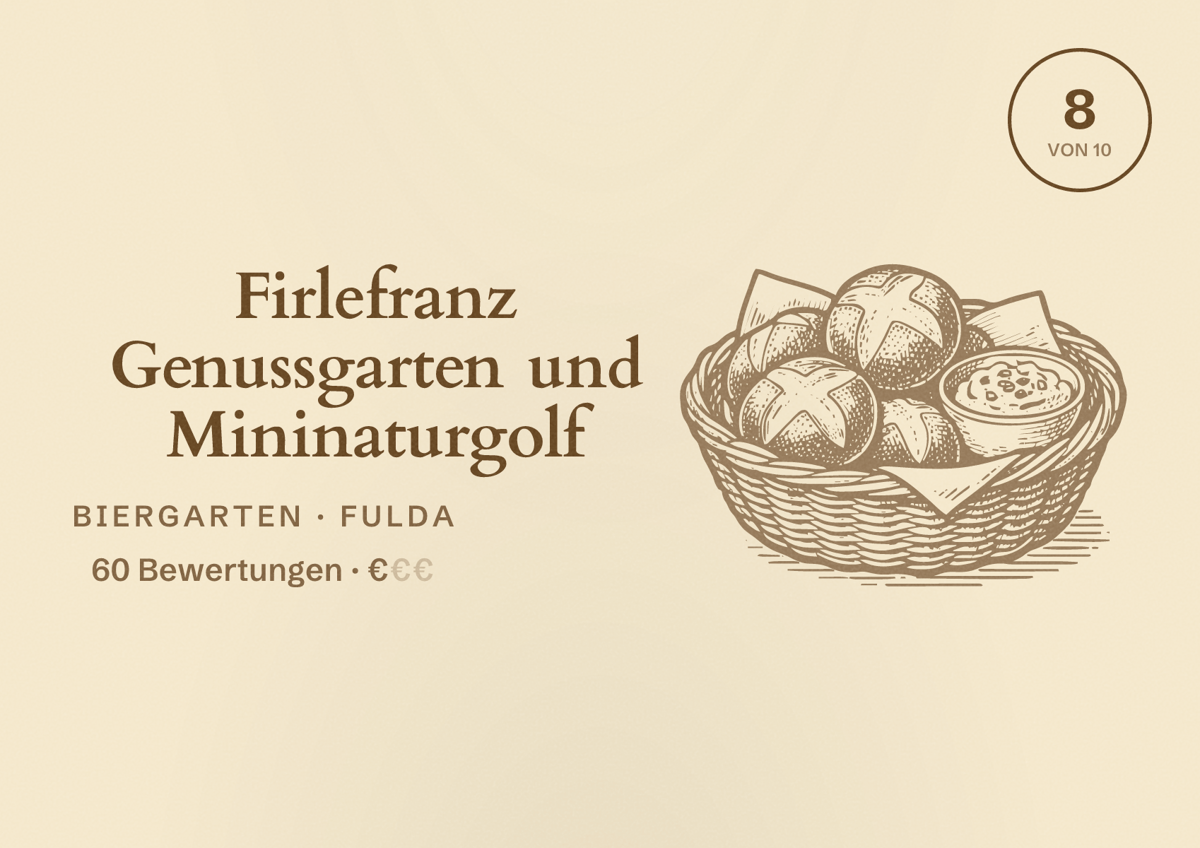 Illustriertes Poster von Firlefranz Genussgarten und Mininaturgolf, Biergarten in Fulda: Bewertung 8 von 10 aus 60 Bewertungen, Preisniveau €