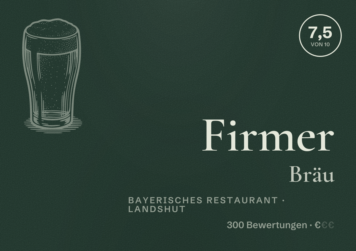 Illustriertes Poster von Firmer Bräu, Bayerisches Restaurant in Landshut: Bewertung 7,5 von 10 aus 300 Bewertungen, Preisniveau €