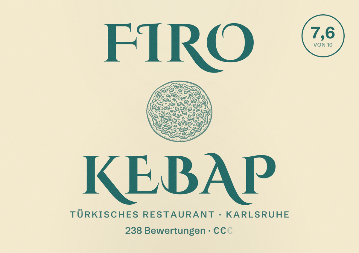 Illustriertes Poster von Firo Kebap, Türkisches Restaurant in Karlsruhe: Bewertung 7,6 von 10 aus 238 Bewertungen, Preisniveau €€