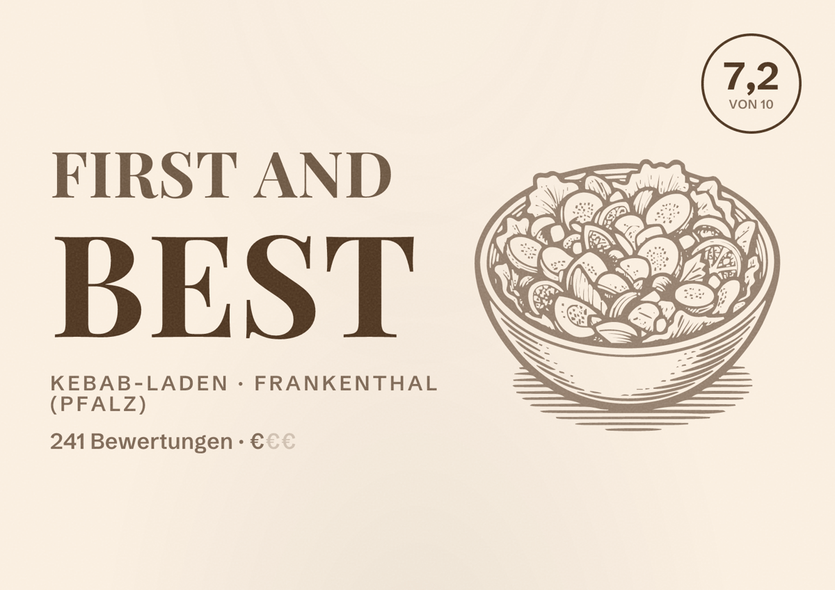 Illustriertes Poster von First and Best, Kebab-Laden in Frankenthal (Pfalz): Bewertung 7,2 von 10 aus 241 Bewertungen, Preisniveau €