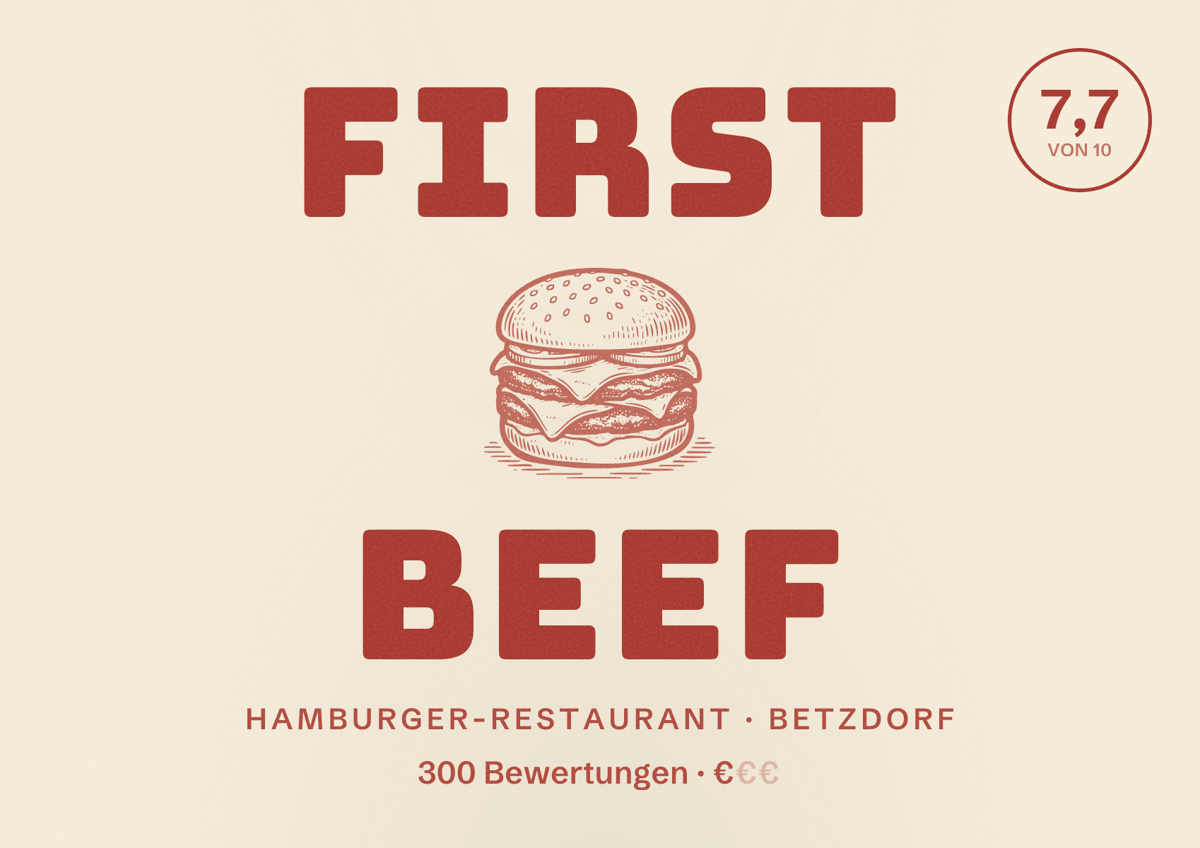Illustriertes Poster von First Beef, Hamburger-Restaurant in Betzdorf: Bewertung 7,7 von 10 aus 300 Bewertungen, Preisniveau €