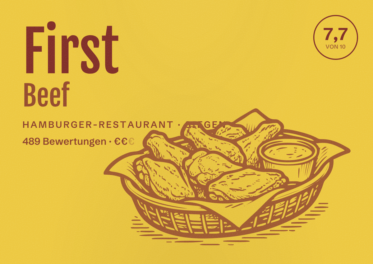Illustriertes Poster von First Beef, Hamburger-Restaurant in Siegen: Bewertung 7,7 von 10 aus 489 Bewertungen, Preisniveau €€