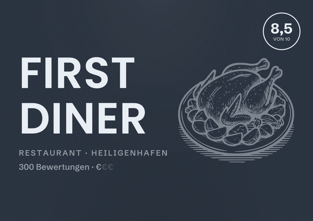 Illustriertes Poster von First Diner, Restaurant in Heiligenhafen: Bewertung 8,5 von 10 aus 300 Bewertungen, Preisniveau €
