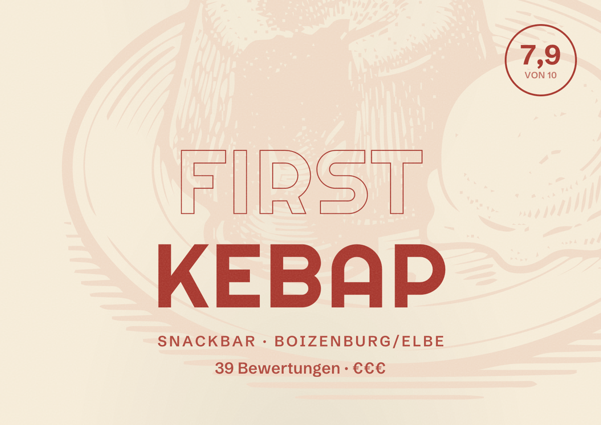 Illustriertes Poster von First Kebap, Snackbar in Boizenburg/Elbe: Bewertung 7,9 von 10 aus 39 Bewertungen, Preisniveau €€€