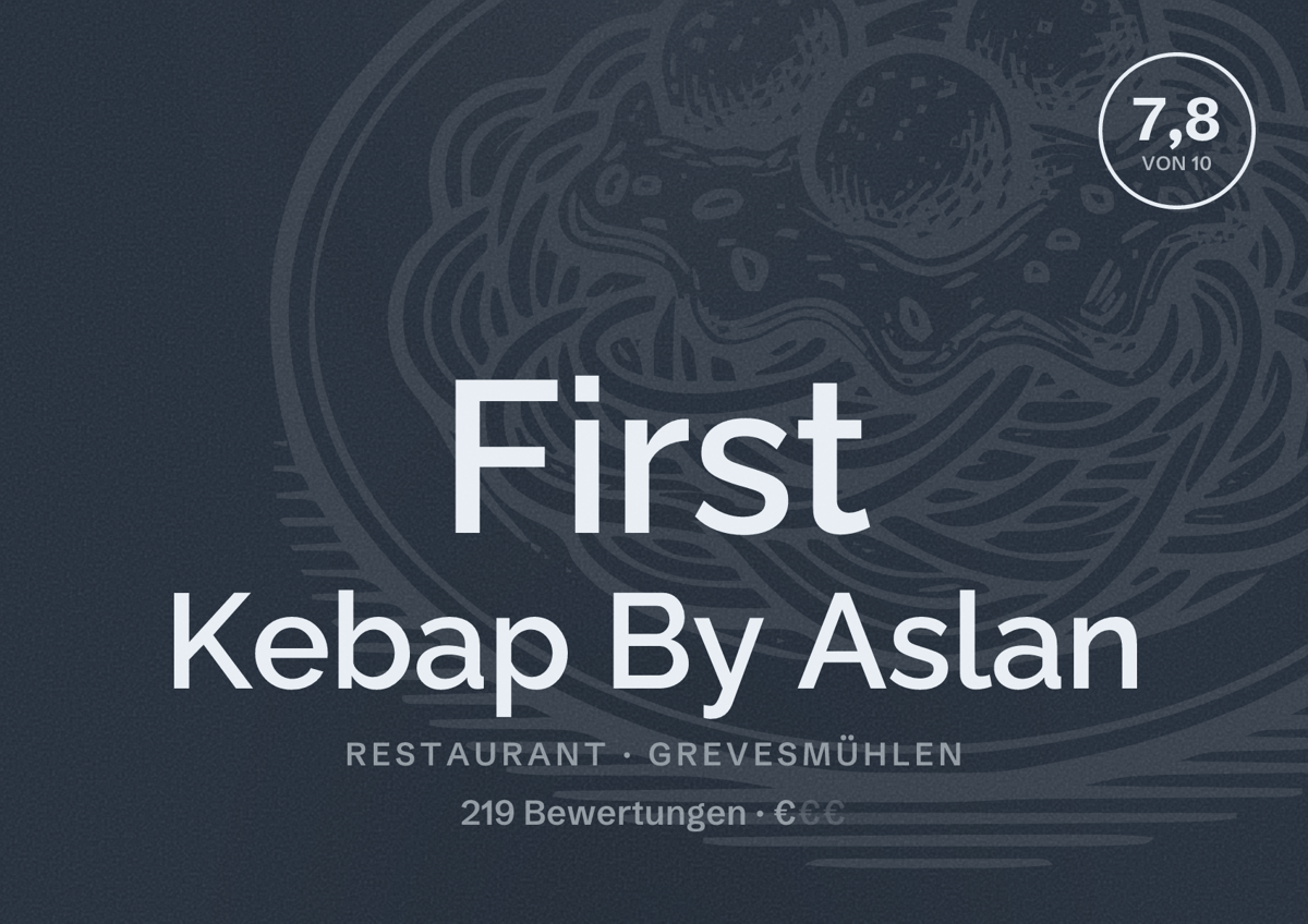 Illustriertes Poster von First Kebap By Aslan, Restaurant in Grevesmühlen: Bewertung 7,8 von 10 aus 219 Bewertungen, Preisniveau €