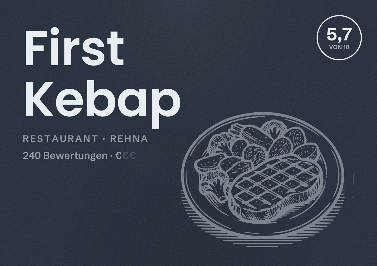 Illustriertes Poster von First Kebap, Restaurant in Rehna: Bewertung 5,7 von 10 aus 240 Bewertungen, Preisniveau €