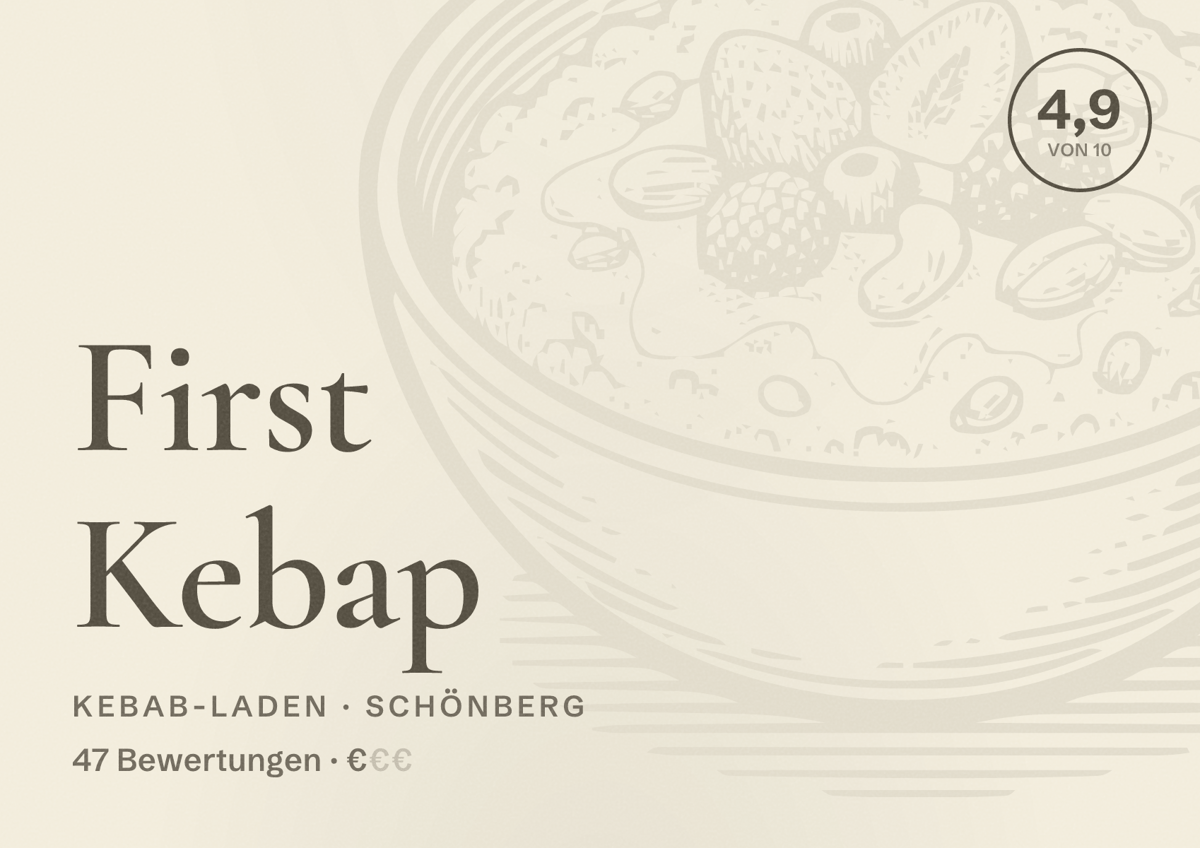 Illustriertes Poster von First Kebap, Kebab-Laden in Schönberg: Bewertung 4,9 von 10 aus 47 Bewertungen, Preisniveau €