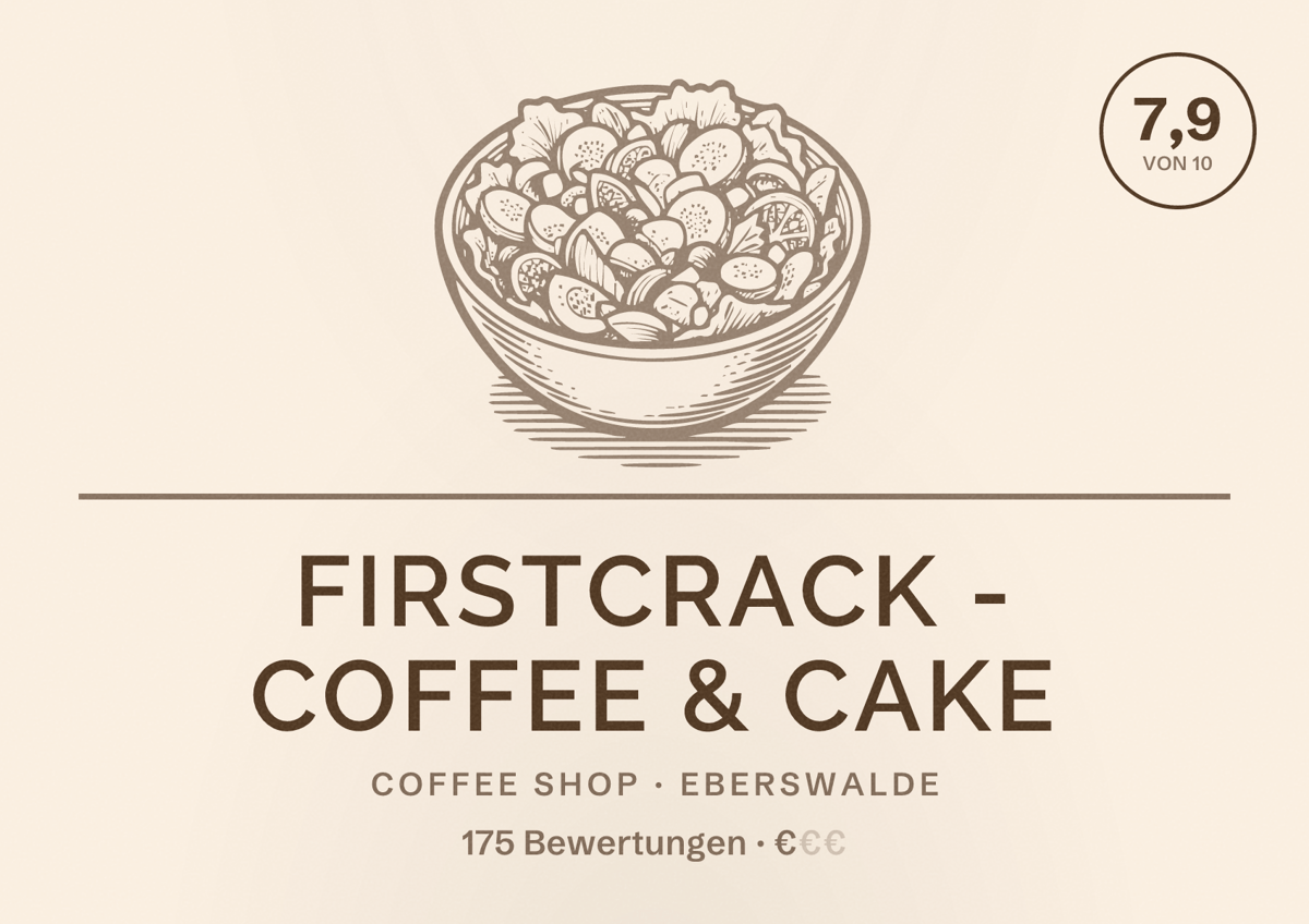 Illustriertes Poster von Firstcrack - Coffee & Cake, Coffee Shop in Eberswalde: Bewertung 7,9 von 10 aus 175 Bewertungen, Preisniveau €