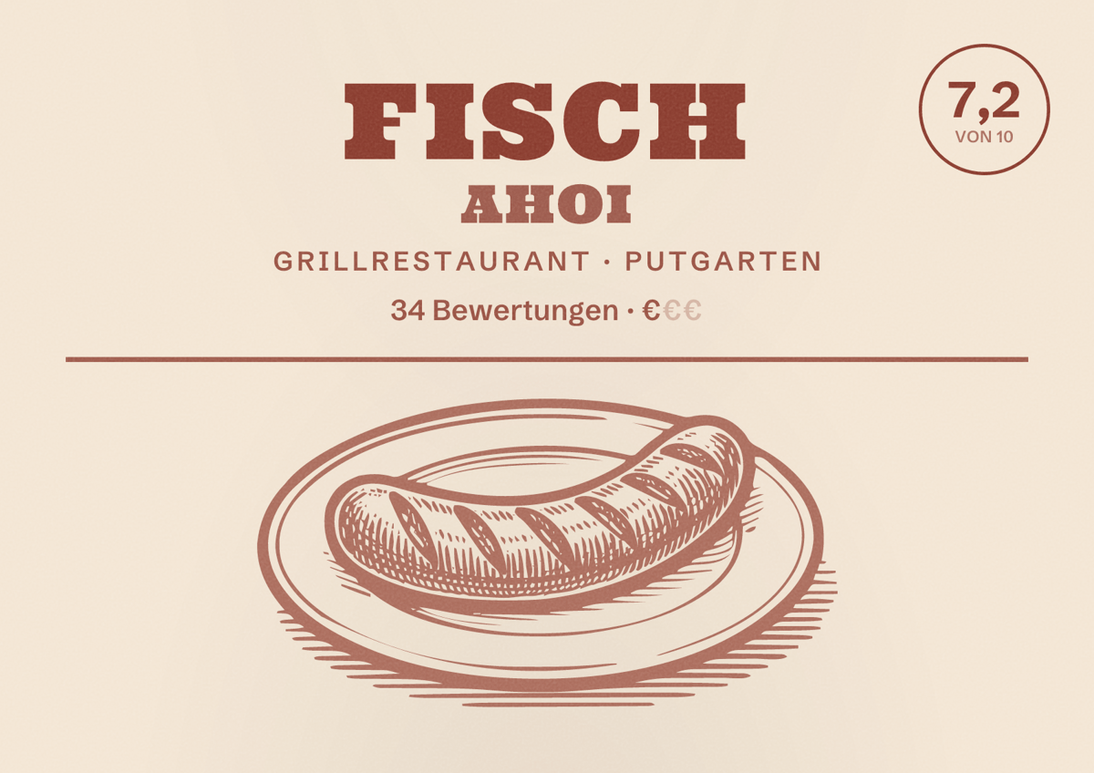 Illustriertes Poster von Fisch Ahoi, Grillrestaurant in Putgarten: Bewertung 7,2 von 10 aus 34 Bewertungen, Preisniveau €