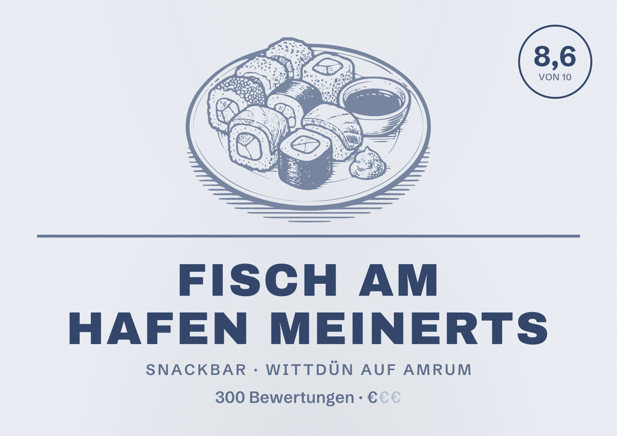 Illustriertes Poster von Fisch am Hafen Meinerts, Snackbar in Wittdün auf Amrum: Bewertung 8,6 von 10 aus 300 Bewertungen, Preisniveau €