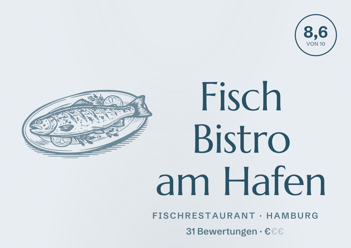 Illustriertes Poster von Fisch Bistro am Hafen, Fischrestaurant in Hamburg: Bewertung 8,6 von 10 aus 31 Bewertungen, Preisniveau €
