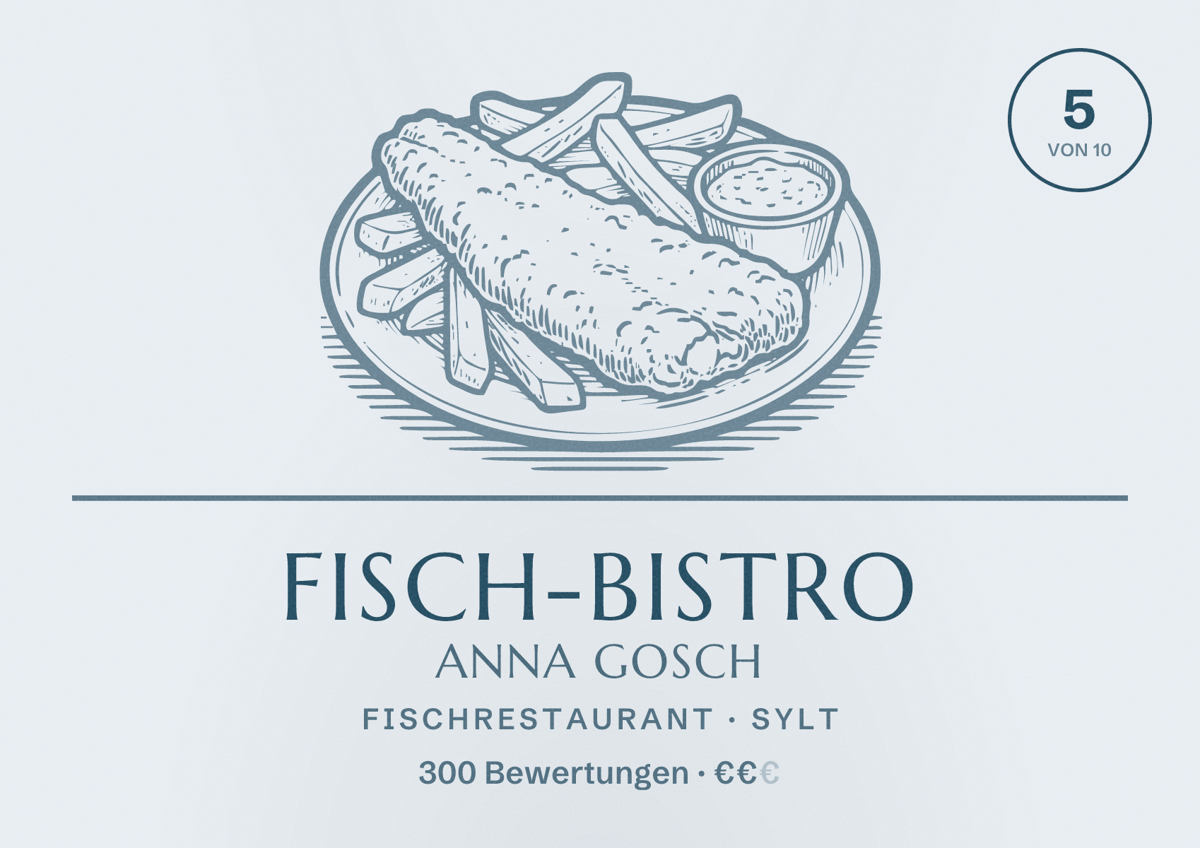 Illustriertes Poster von Fisch-Bistro Anna Gosch, Fischrestaurant in Sylt: Bewertung 5 von 10 aus 300 Bewertungen, Preisniveau €€