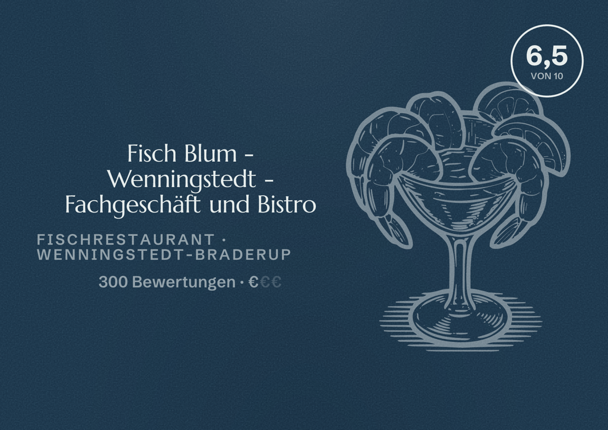 Illustriertes Poster von Fisch Blum - Wenningstedt - Fachgeschäft und Bistro, Fischrestaurant in Wenningstedt-Braderup: Bewertung 6,5 von 10 aus 300 Bewertungen, Preisniveau €