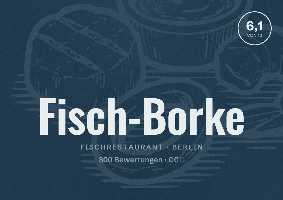 Illustriertes Poster von Fisch-Borke, Fischrestaurant in Berlin: Bewertung 6,1 von 10 aus 300 Bewertungen, Preisniveau €€