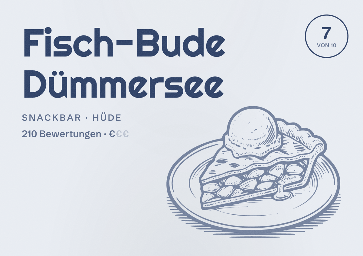 Illustriertes Poster von Fisch-Bude Dümmersee, Snackbar in Hüde: Bewertung 7 von 10 aus 210 Bewertungen, Preisniveau €