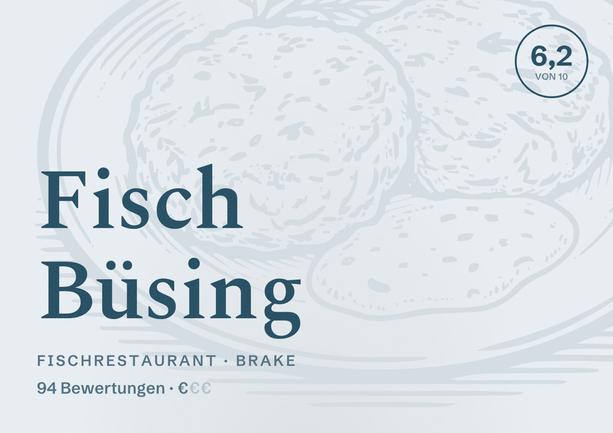 Illustriertes Poster von Fisch Büsing, Fischrestaurant in Brake: Bewertung 6,2 von 10 aus 94 Bewertungen, Preisniveau €