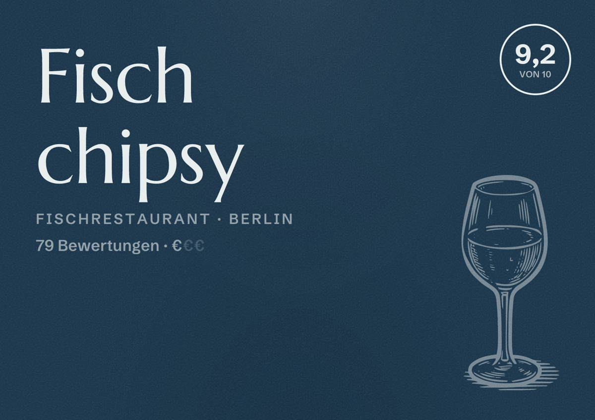Illustriertes Poster von Fisch chipsy, Fischrestaurant in Berlin: Bewertung 9,2 von 10 aus 79 Bewertungen, Preisniveau €