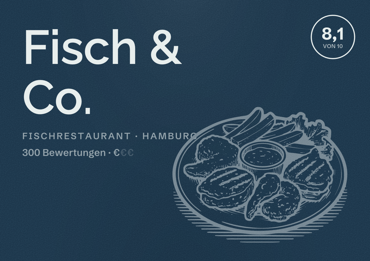 Illustriertes Poster von Fisch & Co., Fischrestaurant in Hamburg: Bewertung 8,1 von 10 aus 300 Bewertungen, Preisniveau €