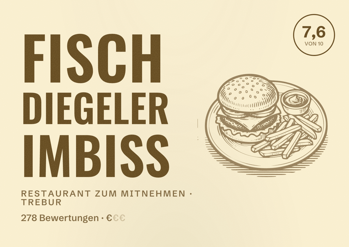 Illustriertes Poster von Fisch Diegeler Imbiss, Restaurant zum Mitnehmen in Trebur: Bewertung 7,6 von 10 aus 278 Bewertungen, Preisniveau €