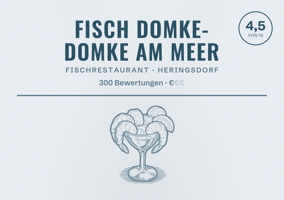 Illustriertes Poster von Fisch Domke- Domke Am Meer, Fischrestaurant in Heringsdorf: Bewertung 4,5 von 10 aus 300 Bewertungen, Preisniveau €