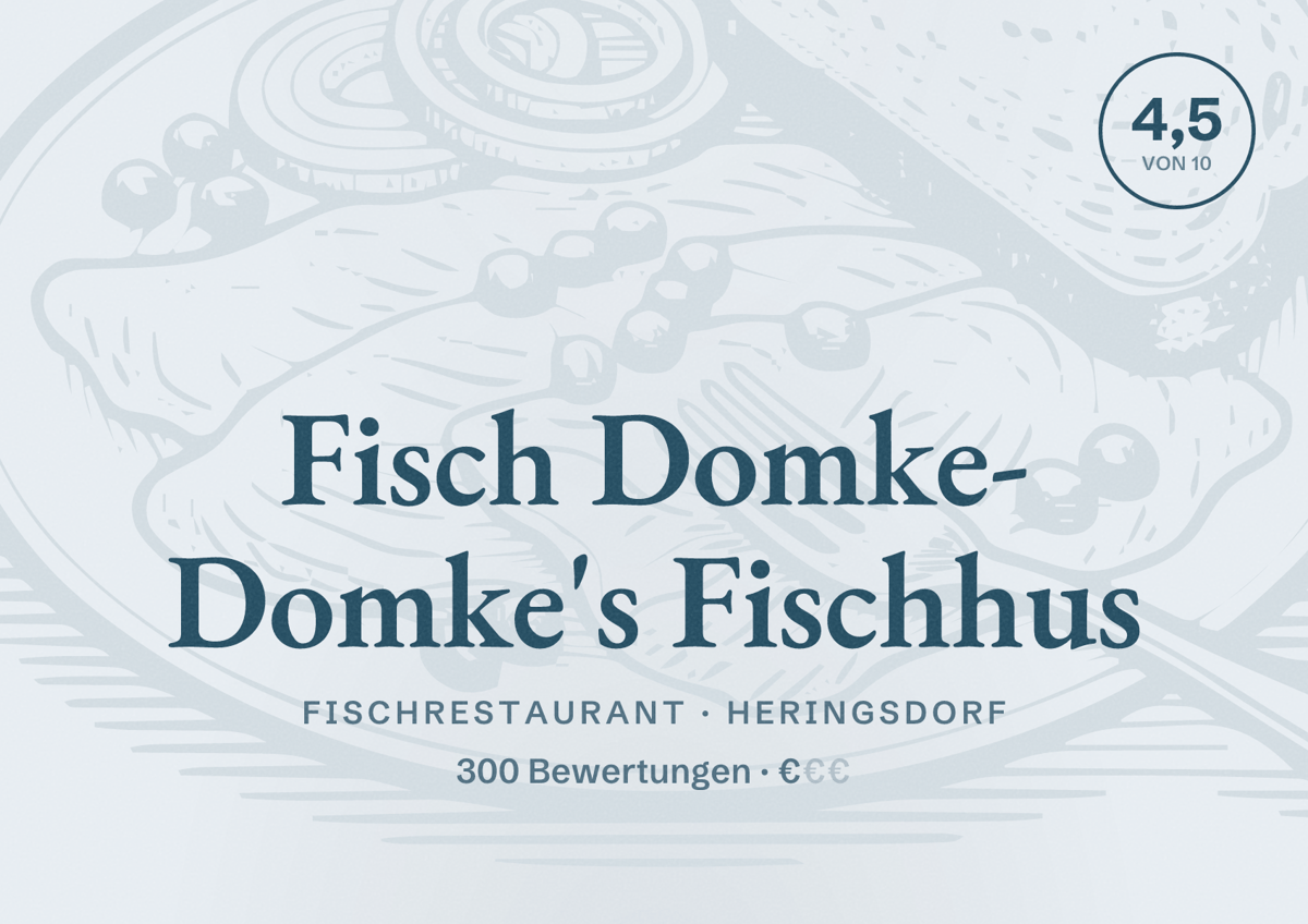 Illustriertes Poster von Fisch Domke- Domke's Fischhus, Fischrestaurant in Heringsdorf: Bewertung 4,5 von 10 aus 300 Bewertungen, Preisniveau €