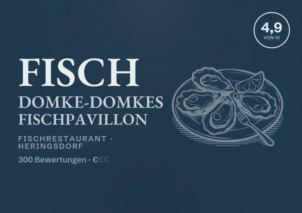 Illustriertes Poster von Fisch Domke-Domkes Fischpavillon, Fischrestaurant in Heringsdorf: Bewertung 4,9 von 10 aus 300 Bewertungen, Preisniveau €