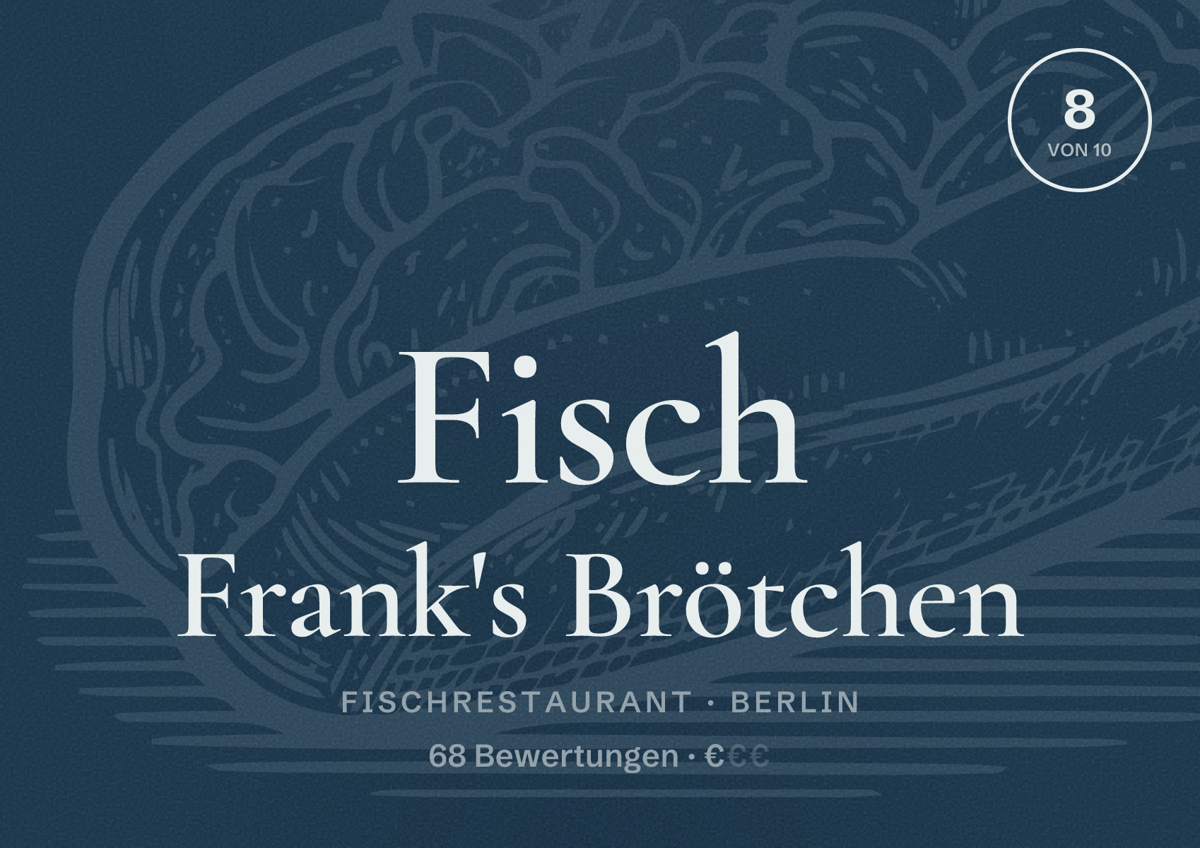 Illustriertes Poster von Fisch Frank's Brötchen, Fischrestaurant in Berlin: Bewertung 8,0 von 10 aus 68 Bewertungen, Preisniveau €