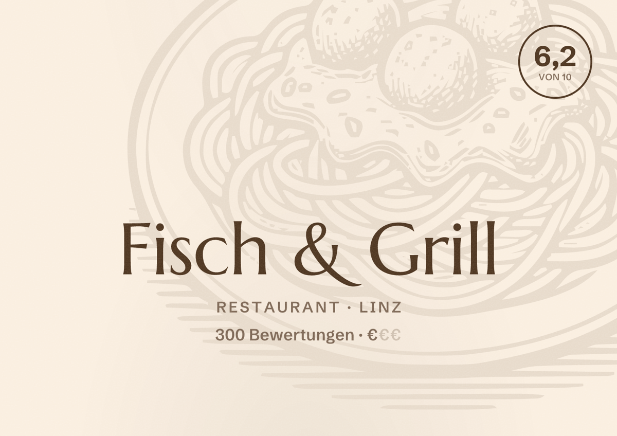 Illustriertes Poster von Fisch & Grill, Restaurant in Linz: Bewertung 6,2 von 10 aus 300 Bewertungen, Preisniveau €