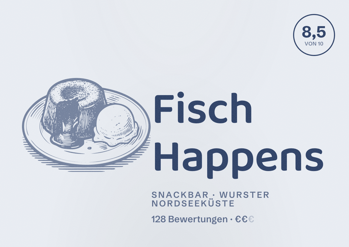 Illustriertes Poster von Fisch Happens, Snackbar in Wurster Nordseeküste: Bewertung 8,5 von 10 aus 128 Bewertungen, Preisniveau €€