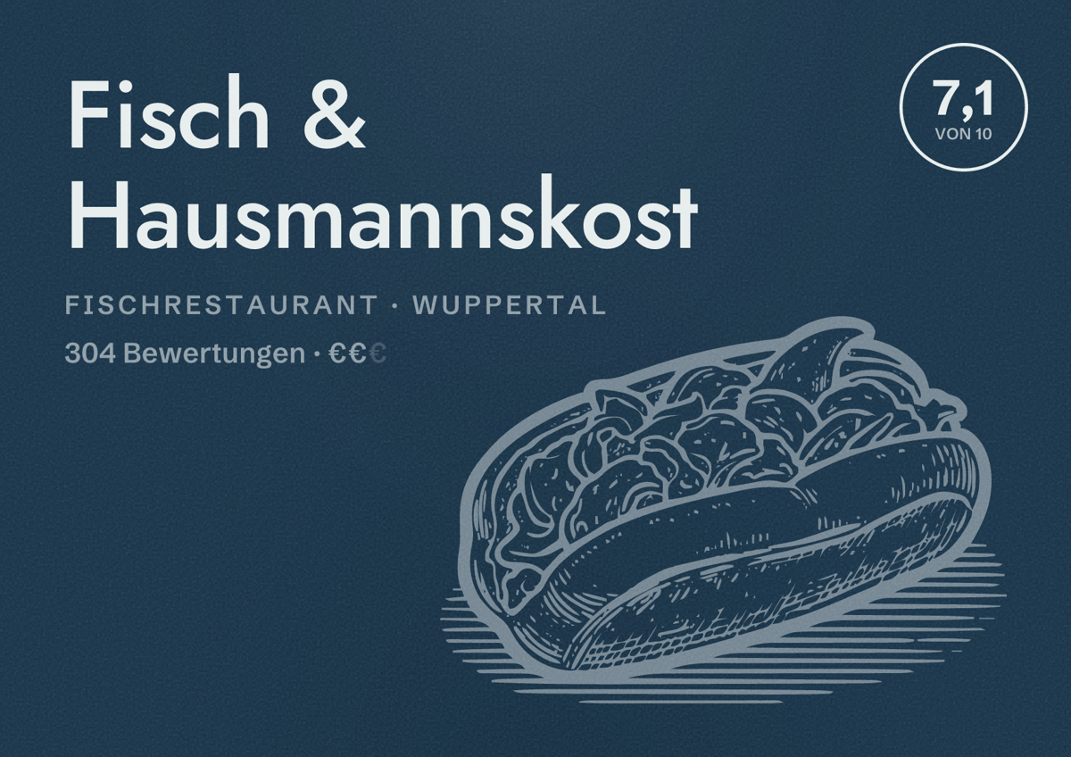 Illustriertes Poster von Fisch & Hausmannskost, Fischrestaurant in Wuppertal: Bewertung 7,1 von 10 aus 304 Bewertungen, Preisniveau €€