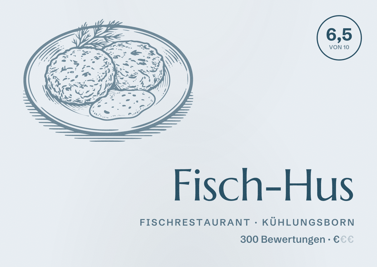 Illustriertes Poster von Fisch-Hus, Fischrestaurant in Kühlungsborn: Bewertung 6,5 von 10 aus 300 Bewertungen, Preisniveau €