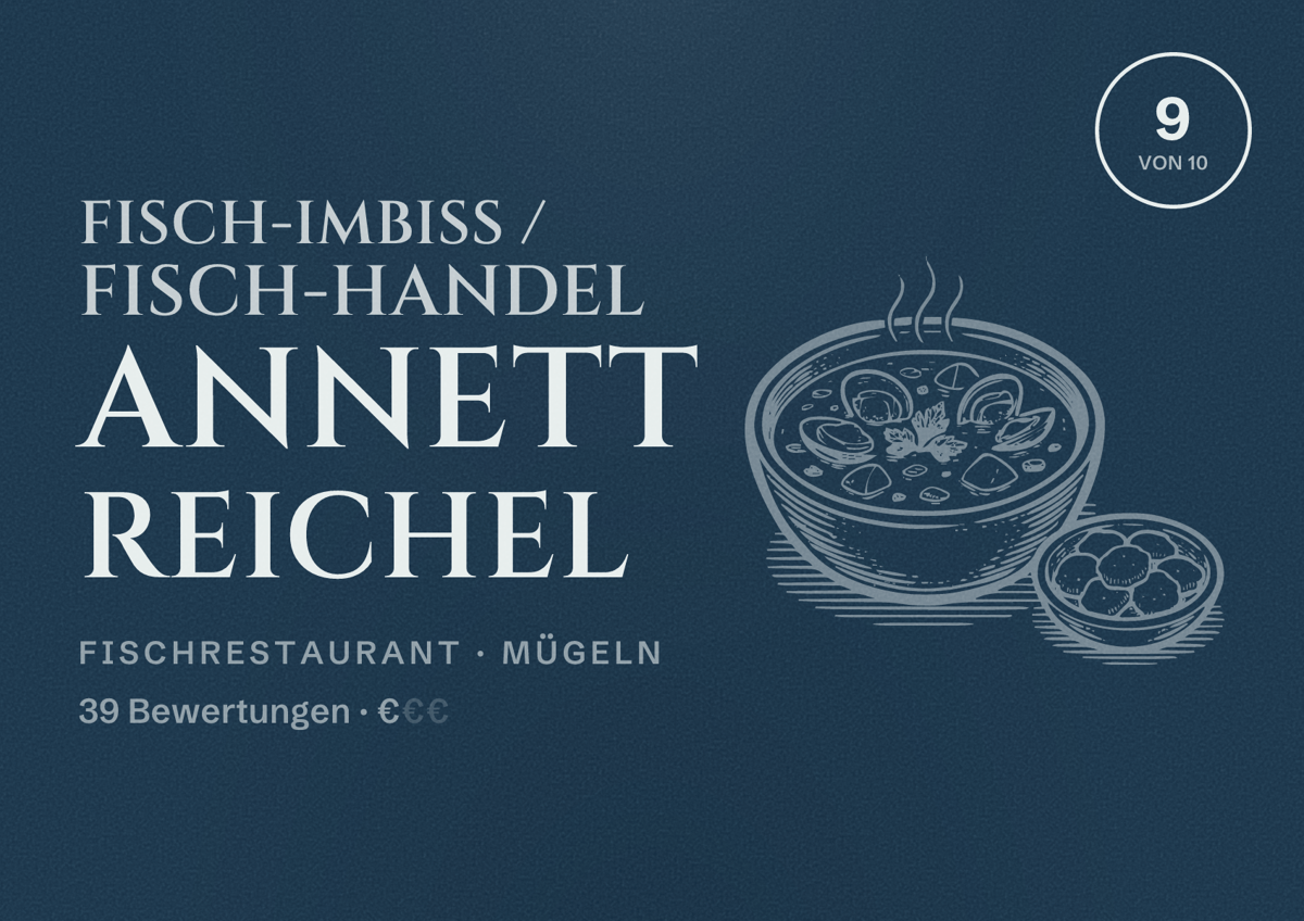 Illustriertes Poster von Fisch-Imbiss / Fisch-Handel Annett Reichel, Fischrestaurant in Mügeln: Bewertung 9 von 10 aus 39 Bewertungen, Preisniveau €